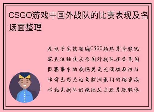 CSGO游戏中国外战队的比赛表现及名场面整理