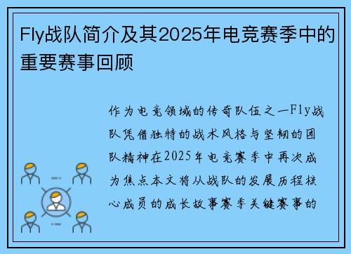 Fly战队简介及其2025年电竞赛季中的重要赛事回顾